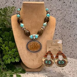 Brown/turquoise beads necklace with enamel pendant and earrings